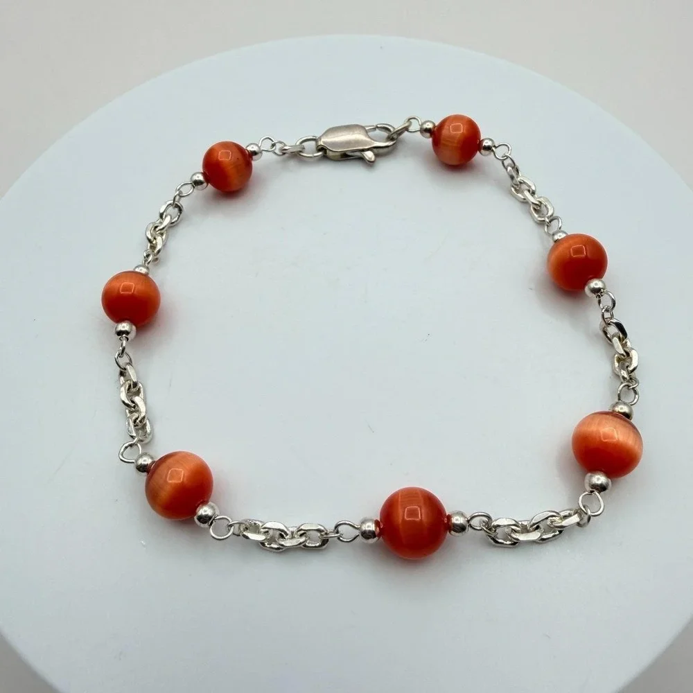 Vintage 90s Women's Silver Tone Chain Burnt Orange Bead Station Bracelet Jewelry
